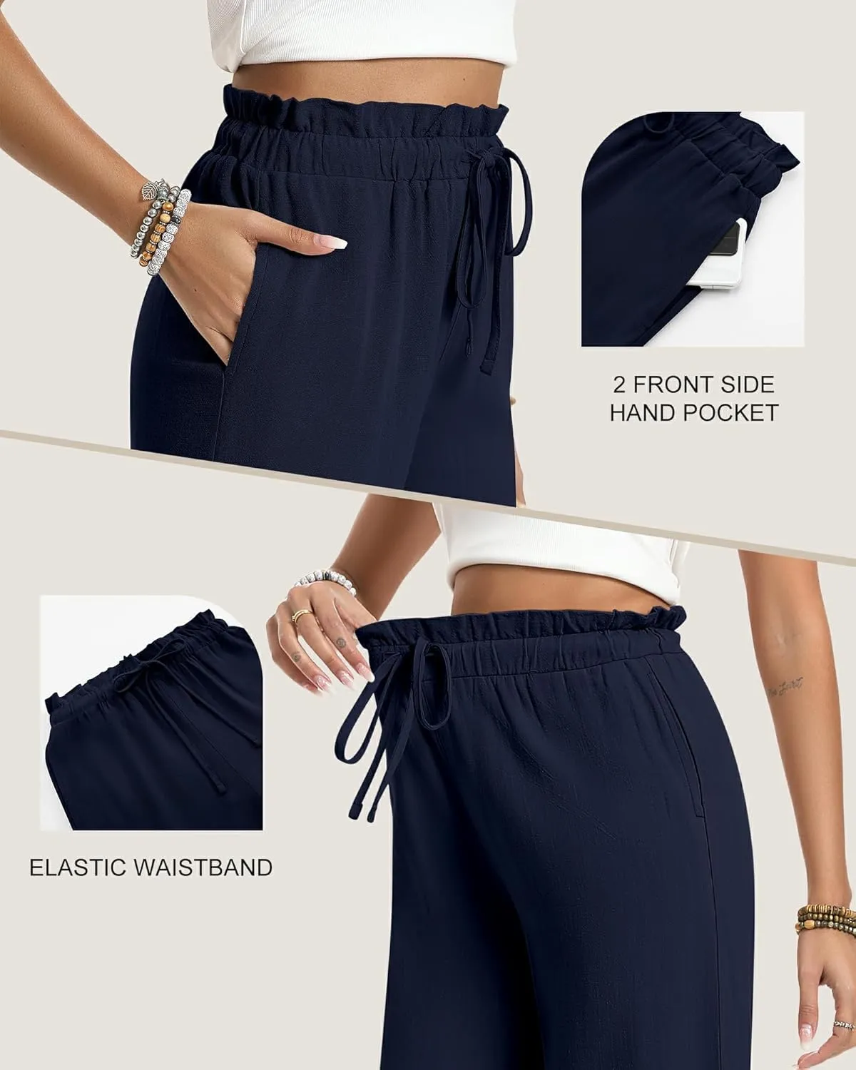 2 Pack Women's Linen Cotton Capri Pants Drawstring High Waisted Loose Wide Leg Casual Summer Trousers with Pockets