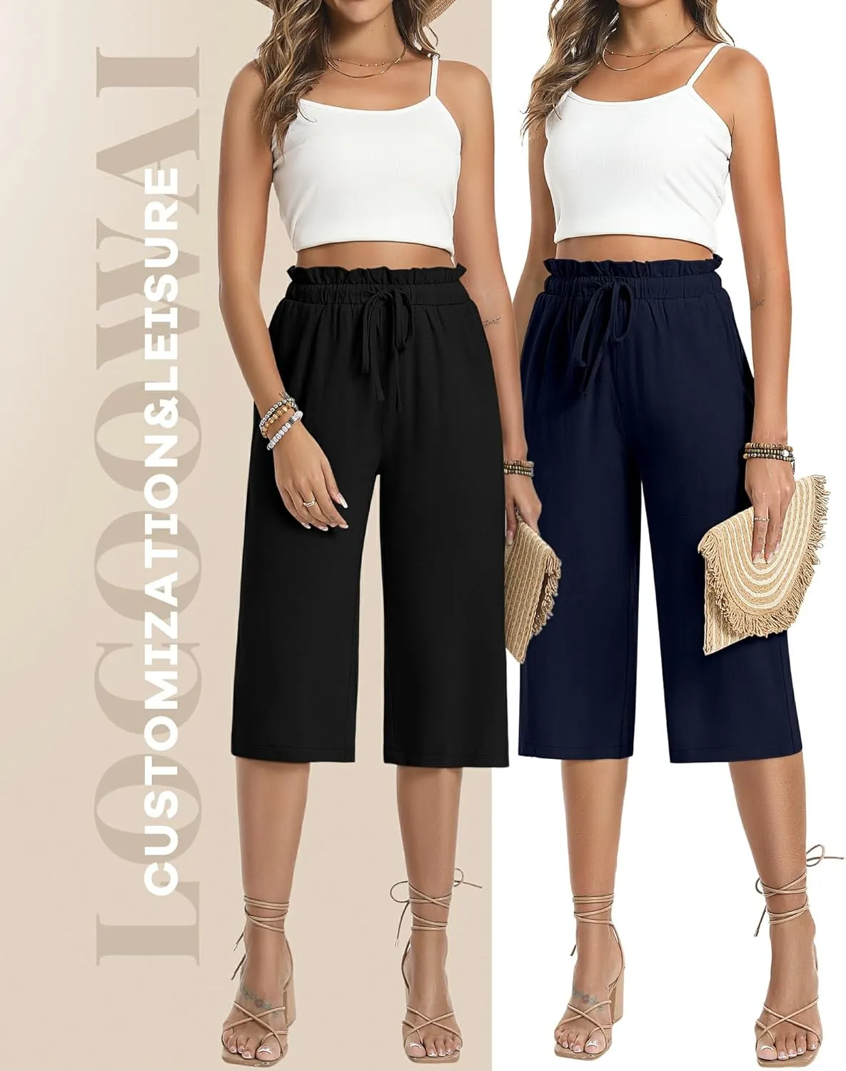 2 Pack Women's Linen Cotton Capri Pants Drawstring High Waisted Loose Wide Leg Casual Summer Trousers with Pockets
