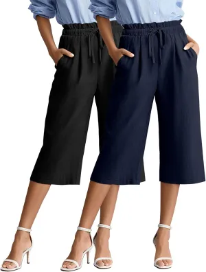 2 Pack Women's Linen Cotton Capri Pants Drawstring High Waisted Loose Wide Leg Casual Summer Trousers with Pockets