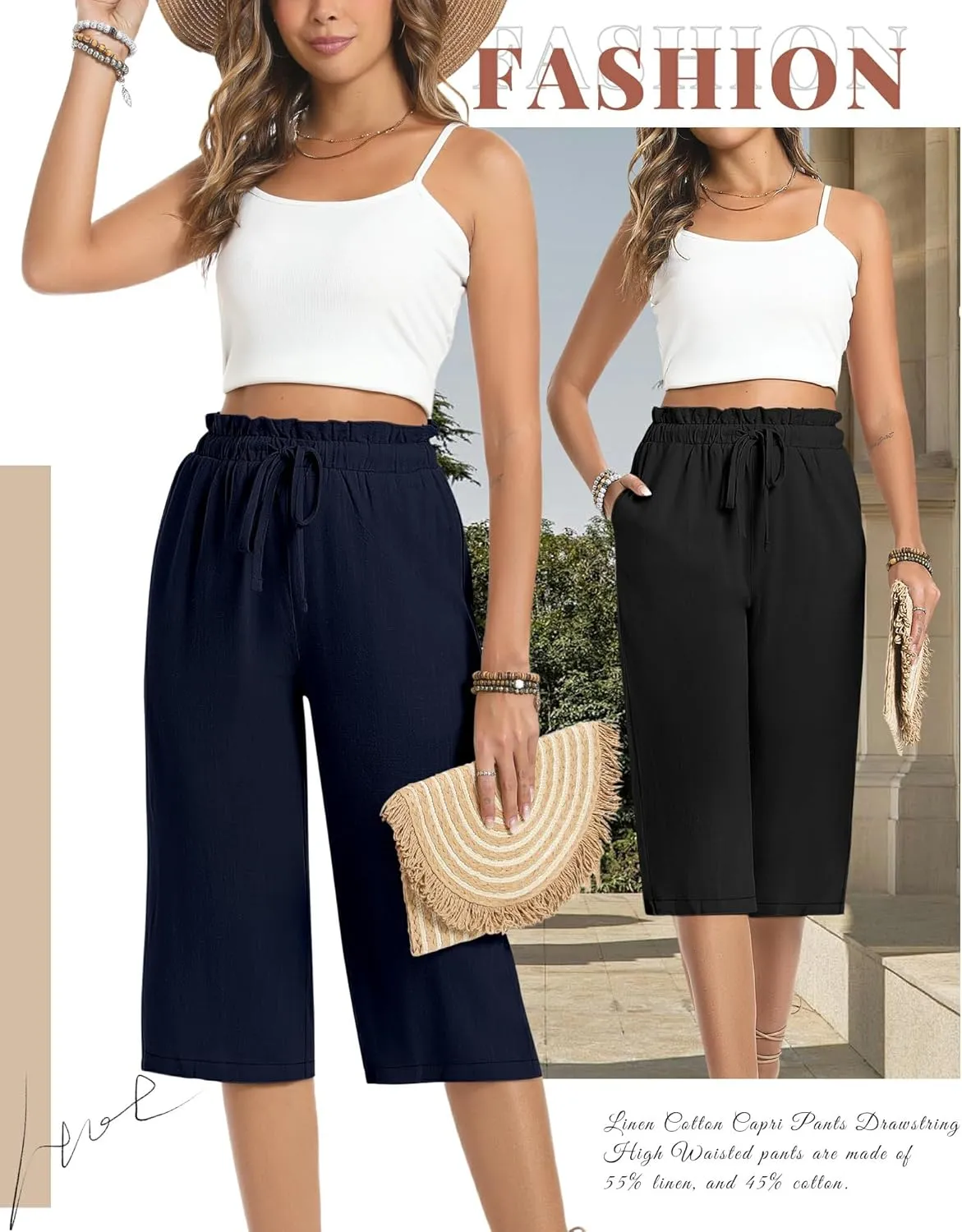 2 Pack Women's Linen Cotton Capri Pants Drawstring High Waisted Loose Wide Leg Casual Summer Trousers with Pockets