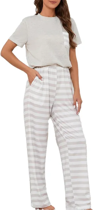 2 Piece Loungewear Set, Womens Striped Pants Short Sleeve Sleepwear Relax Fit for Bed (XXL) Grey