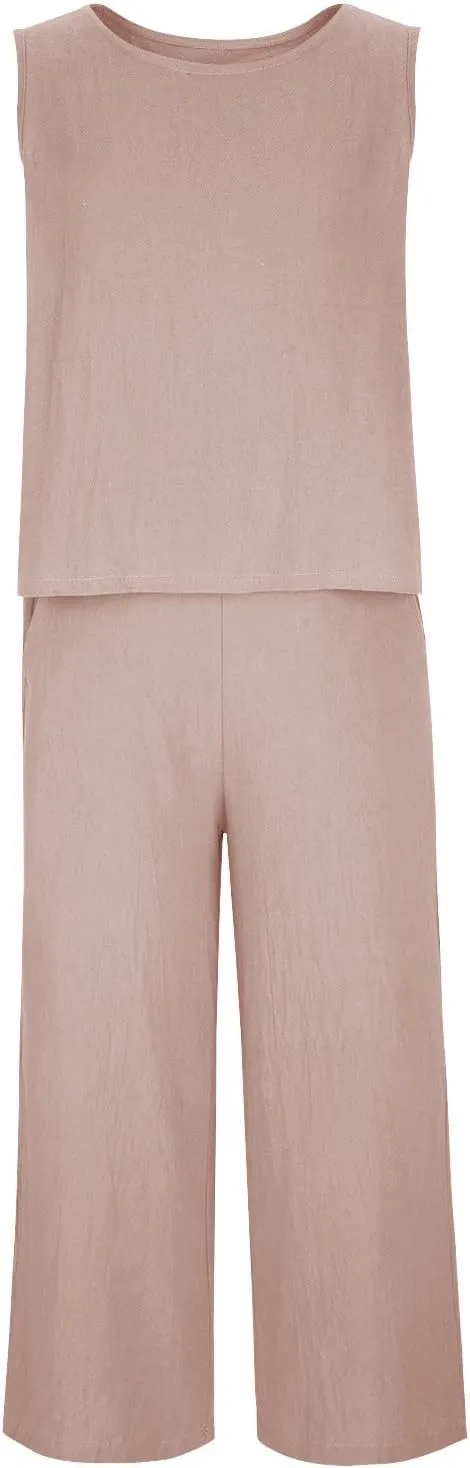 2 Piece Sets for Women Trendy 2025 Sleeveless Crop Top Wide Leg Pants Linen Travel Jumpsuit Lounge Beach Outfits