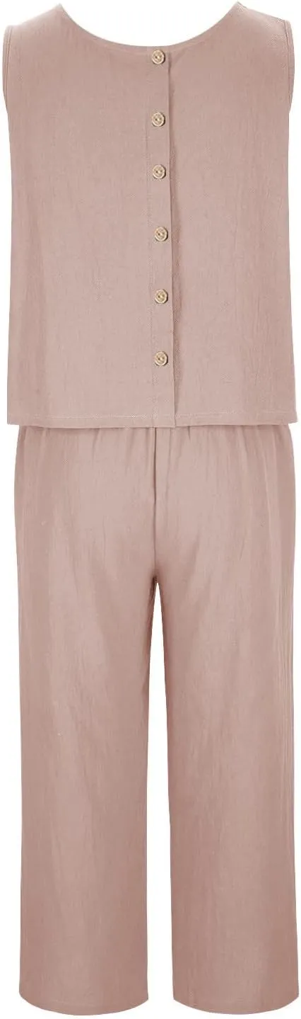 2 Piece Sets for Women Trendy 2025 Sleeveless Crop Top Wide Leg Pants Linen Travel Jumpsuit Lounge Beach Outfits