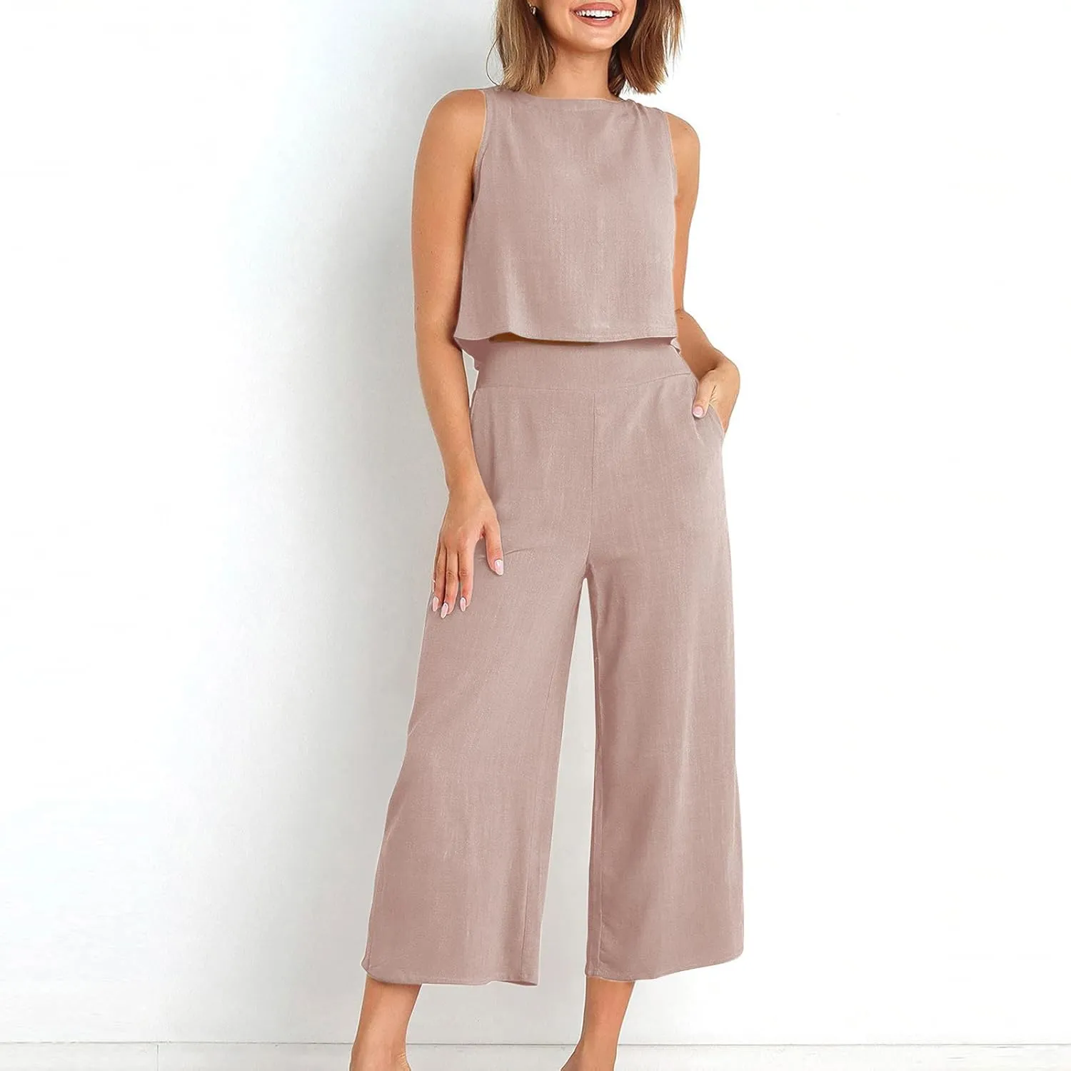 2 Piece Sets for Women Trendy 2025 Sleeveless Crop Top Wide Leg Pants Linen Travel Jumpsuit Lounge Beach Outfits