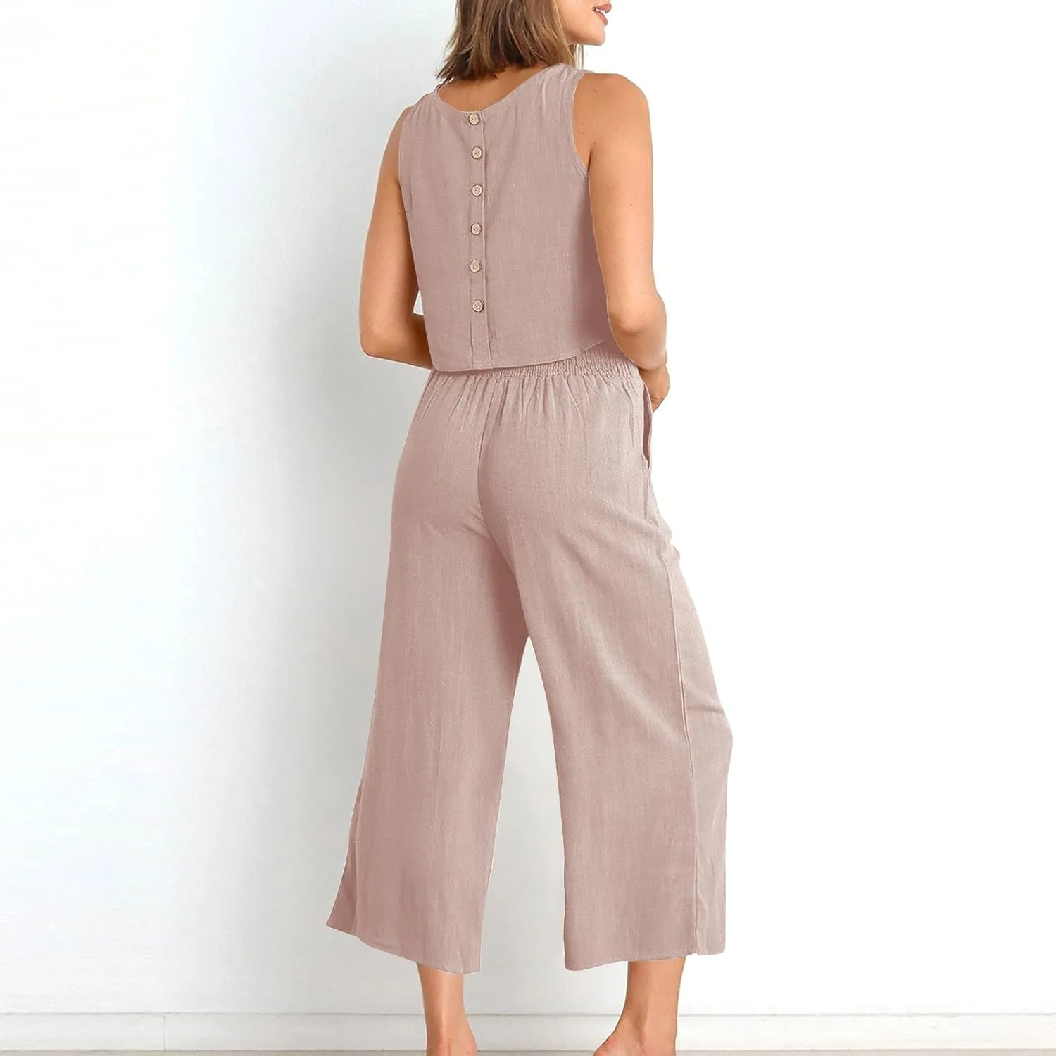 2 Piece Sets for Women Trendy 2025 Sleeveless Crop Top Wide Leg Pants Linen Travel Jumpsuit Lounge Beach Outfits