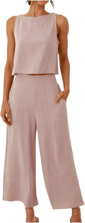 2 Piece Sets for Women Trendy 2025 Sleeveless Crop Top Wide Leg Pants Linen Travel Jumpsuit Lounge Beach Outfits