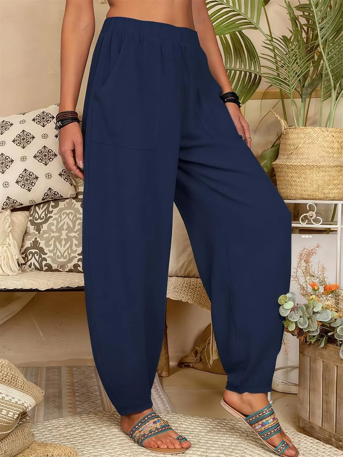 2025 Women Loose Solid Color Casual Wide Leg Pants Cotton Linen Trousers, Loose Cotton Linen Casual Harem Pants