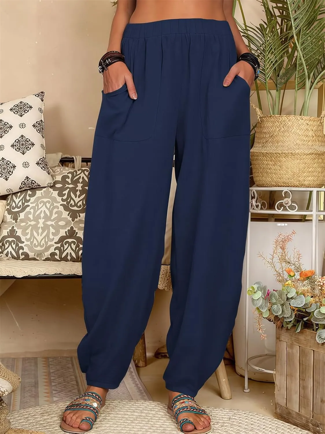 2025 Women Loose Solid Color Casual Wide Leg Pants Cotton Linen Trousers, Loose Cotton Linen Casual Harem Pants