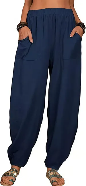 2025 Women Loose Solid Color Casual Wide Leg Pants Cotton Linen Trousers, Loose Cotton Linen Casual Harem Pants