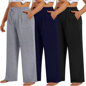 3 Pack Plus Size Pants for Women Wide Leg Casual Pant Drawstring Stretchy Waist Trousers with Pockets