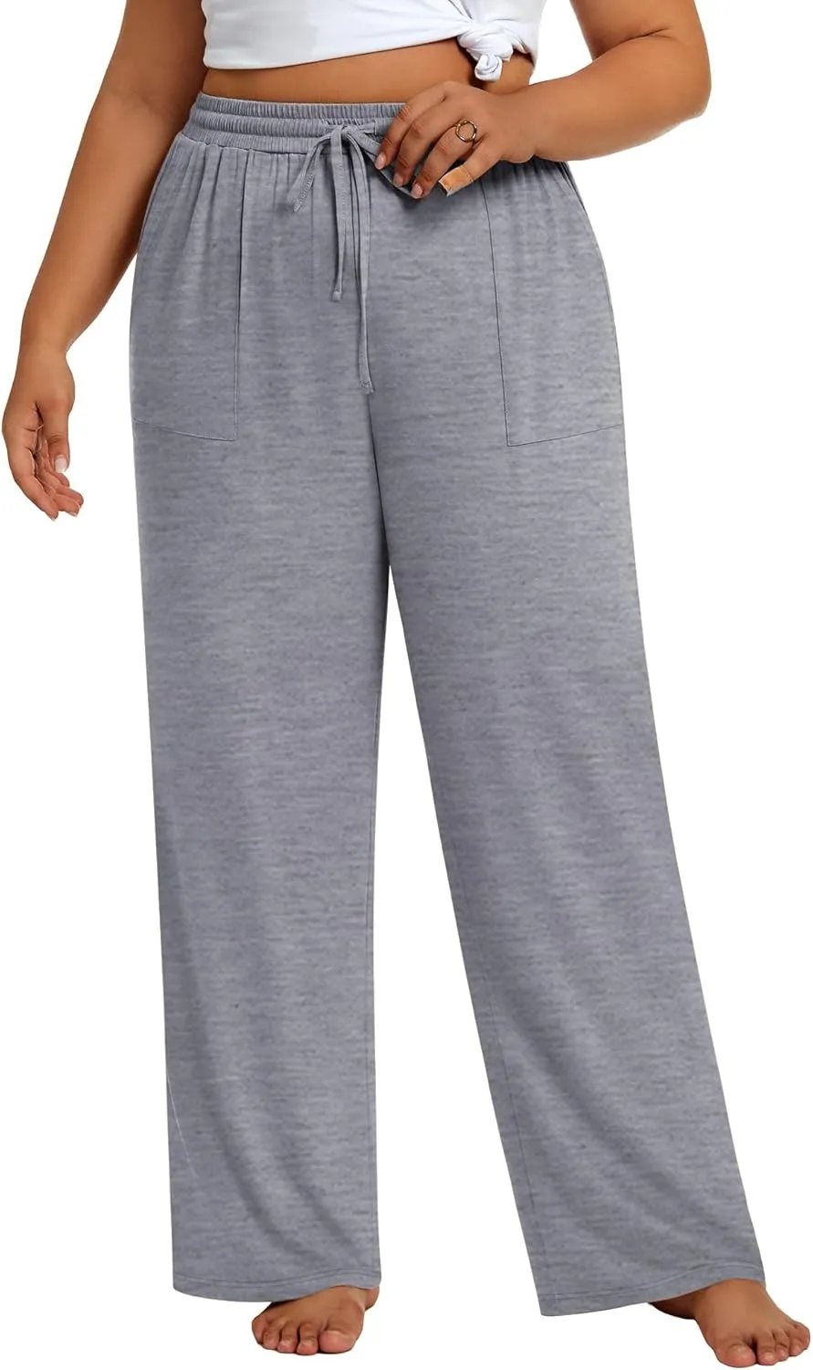 3 Pack Plus Size Pants for Women Wide Leg Casual Pant Drawstring Stretchy Waist Trousers with Pockets