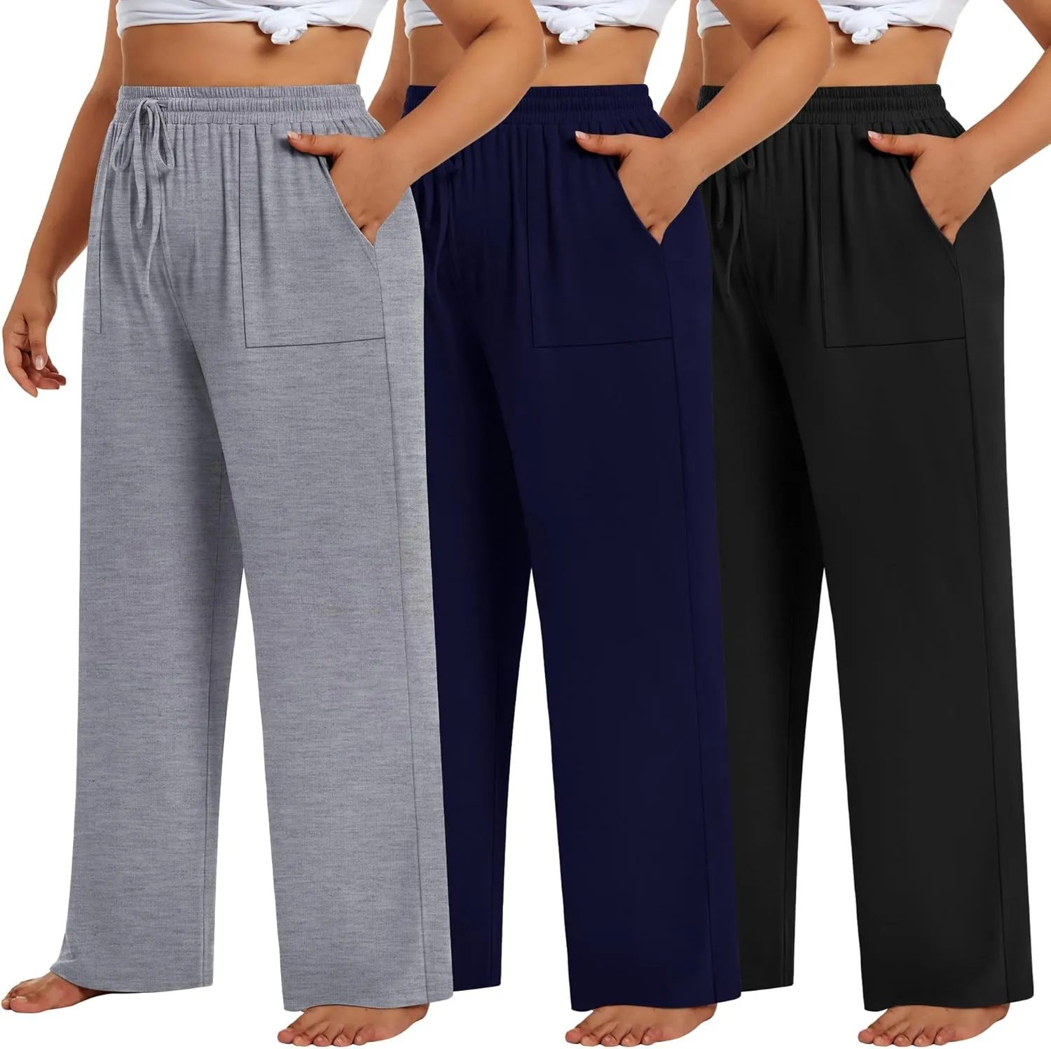 3 Pack Plus Size Pants for Women Wide Leg Casual Pant Drawstring Stretchy Waist Trousers with Pockets