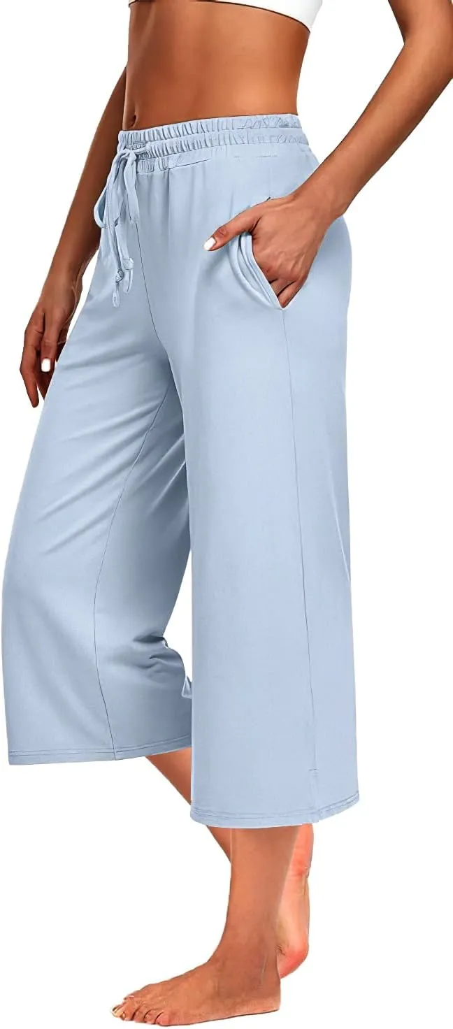 3 PACK Womens Capri Pants Loose Yoga Pants Wide Leg Drawstring Comfy Lounge Pajama Capris Loose Sweatpants with Pocket