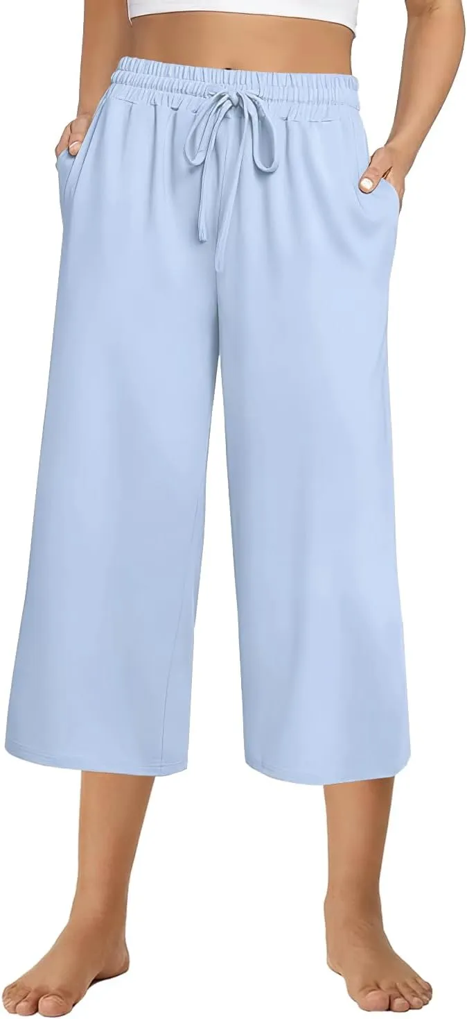 3 PACK Womens Capri Pants Loose Yoga Pants Wide Leg Drawstring Comfy Lounge Pajama Capris Loose Sweatpants with Pocket
