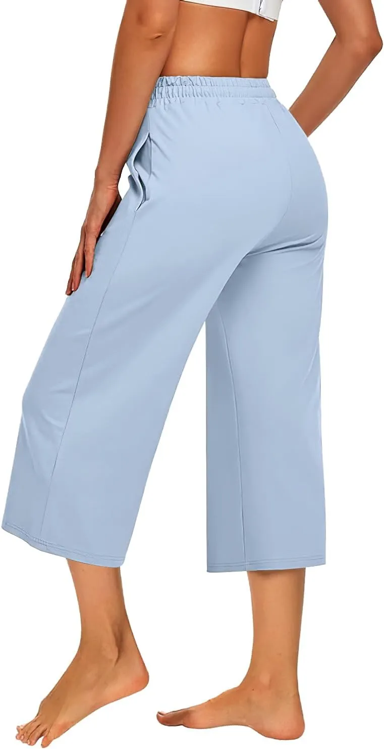 3 PACK Womens Capri Pants Loose Yoga Pants Wide Leg Drawstring Comfy Lounge Pajama Capris Loose Sweatpants with Pocket
