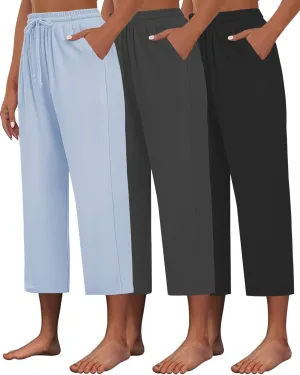 3 PACK Womens Capri Pants Loose Yoga Pants Wide Leg Drawstring Comfy Lounge Pajama Capris Loose Sweatpants with Pocket