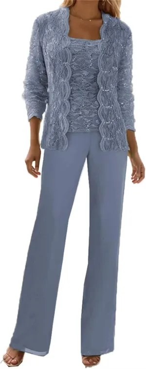 3 Piece Mother of The Bride Pant Suits for Wedding Guest Sequins Lace Outfits Formal Evneing Party Gowns with Jacket