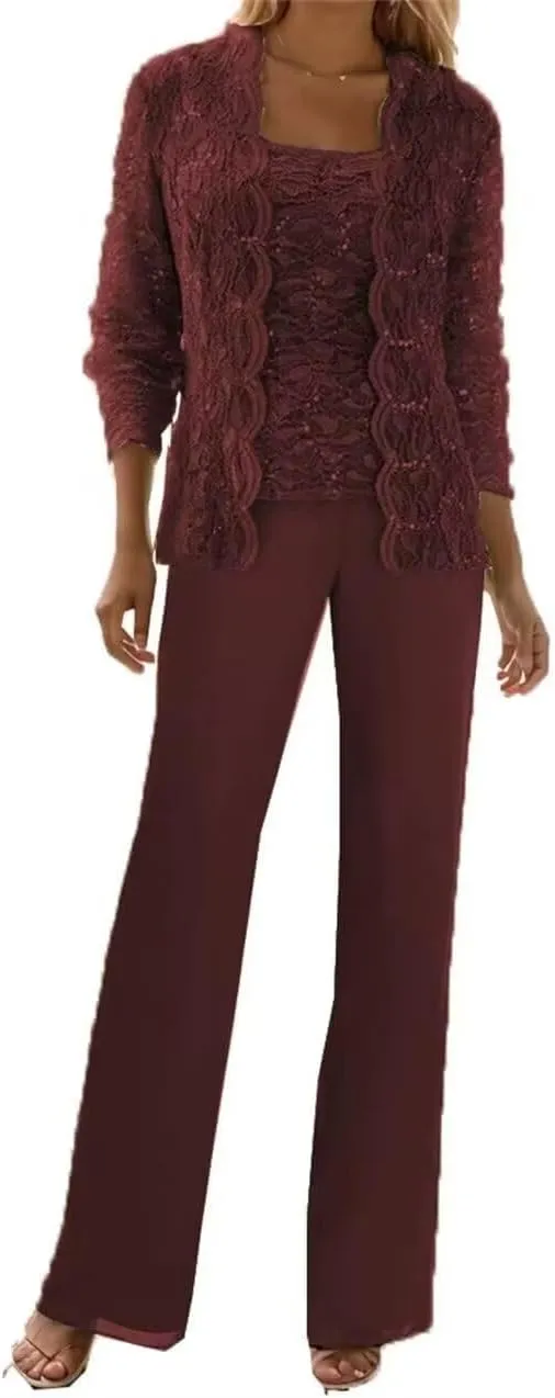 3 Pieces Mother of The Bride Pant Suits Formal Outfit Lace Chiffon Grandmother Wedding Guest Dresses