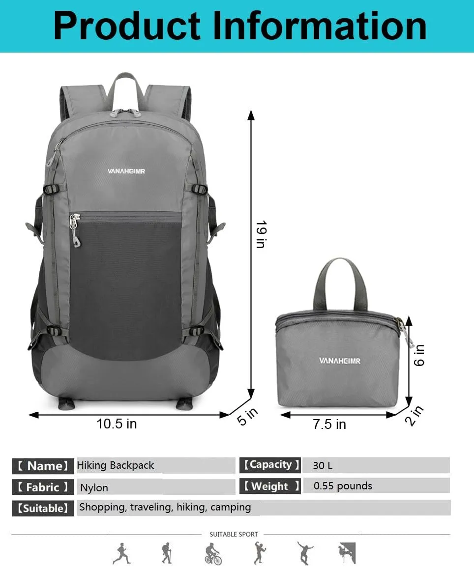 30L Lightweight Hiking Backpack, Packable Small Backpack Foldable Travel Hiking Camping Daypack for Women Men