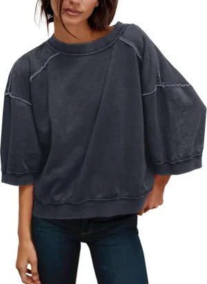 3/4 Sleeve Sweatshirt Women Oversized Vintage Patchwork Exposed Seam Crewneck Pullover Tops Summer Fall Clothes