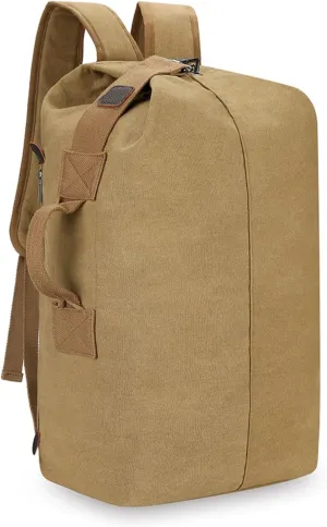 45L Travel Backpacks Canvas Bucket Bag Hiking Duffle Rucksack Outdoor Casual Daypacks Book Bag School Backpack (Khaki)