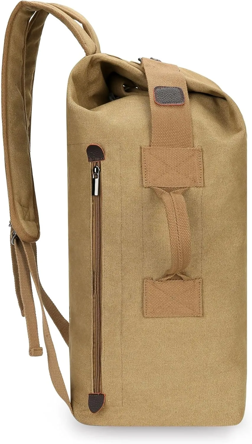 45L Travel Backpacks Canvas Bucket Bag Hiking Duffle Rucksack Outdoor Casual Daypacks Book Bag School Backpack (Khaki)
