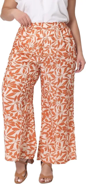 Agnes Orinda Plus Size Palazzo Pants for Women Floral Print High Waist Trousers Wide Leg Pants with Pocket