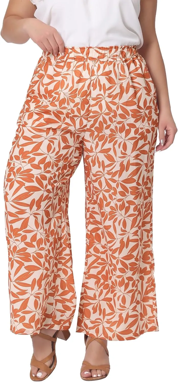 Agnes Orinda Plus Size Palazzo Pants for Women Floral Print High Waist Trousers Wide Leg Pants with Pocket
