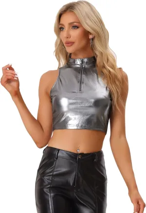 Allegra K Metallic Crop Tops for Women's Mock Neck Zip Up Sleeveless Shiny Holographic Tank Top