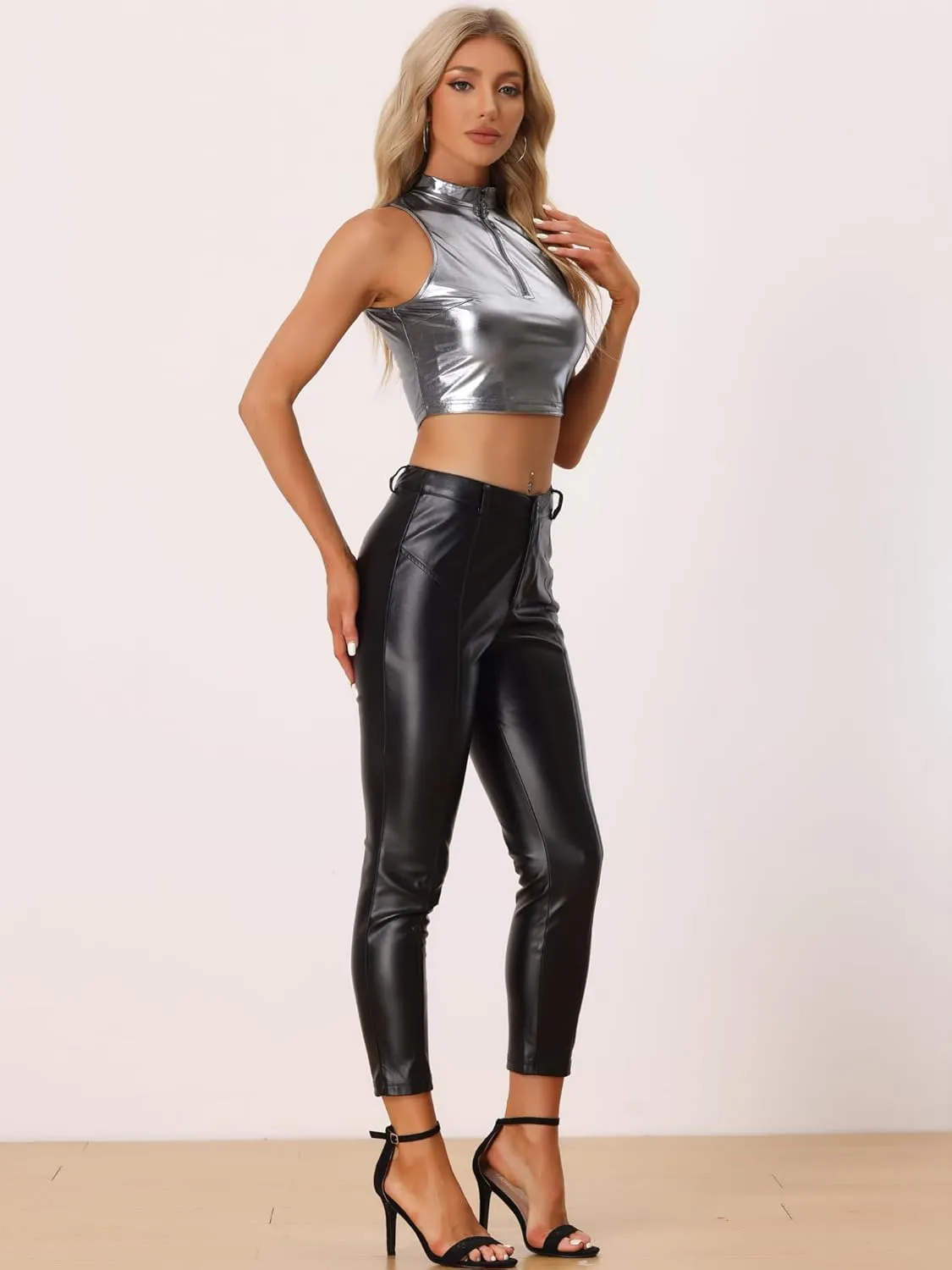 Allegra K Metallic Crop Tops for Women's Mock Neck Zip Up Sleeveless Shiny Holographic Tank Top