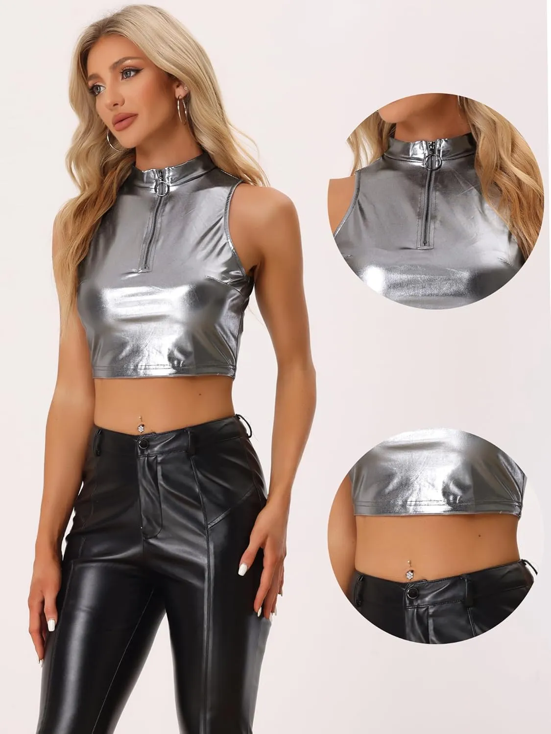 Allegra K Metallic Crop Tops for Women's Mock Neck Zip Up Sleeveless Shiny Holographic Tank Top
