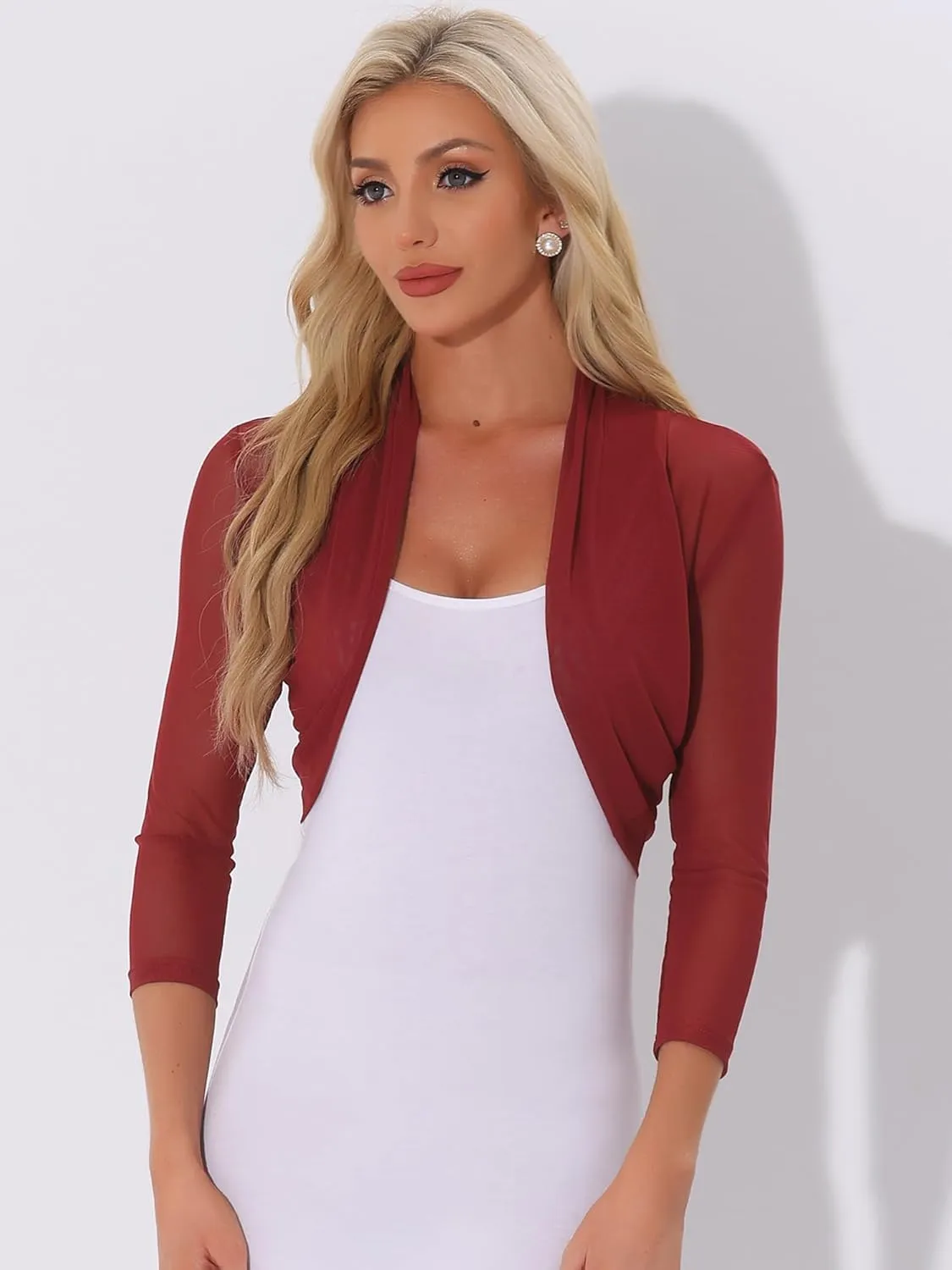 Allegra K Women's 3/4 Sleeve Sheer Mesh Shrug Open Front Cropped Bolero Cardigan