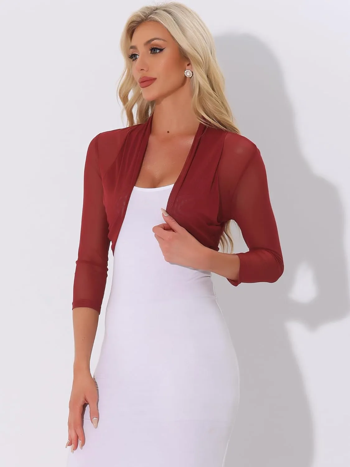 Allegra K Women's 3/4 Sleeve Sheer Mesh Shrug Open Front Cropped Bolero Cardigan
