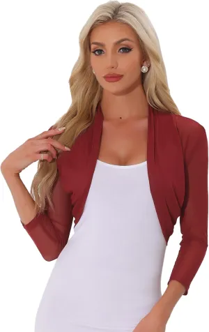Allegra K Women's 3/4 Sleeve Sheer Mesh Shrug Open Front Cropped Bolero Cardigan