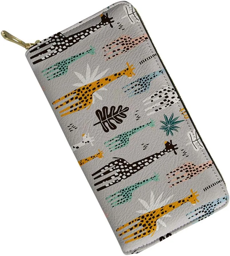 Amzbeauty Women Cartoon Giraffe Print Leather Wallet Clutch Bag Girls Long Purse Organizer with Zipper