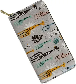 Amzbeauty Women Cartoon Giraffe Print Leather Wallet Clutch Bag Girls Long Purse Organizer with Zipper