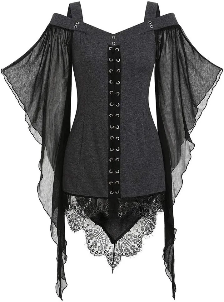 Aniywn Women Gothic Sexy Skirt Dress Lace Strappy Ruffle Club Dress Halloween Cold Shoulder T-Shirt Tops