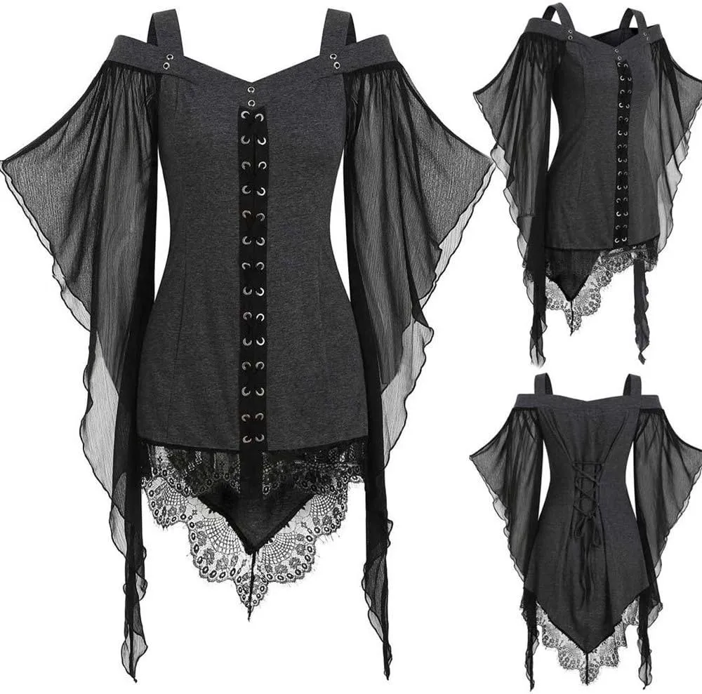 Aniywn Women Gothic Sexy Skirt Dress Lace Strappy Ruffle Club Dress Halloween Cold Shoulder T-Shirt Tops