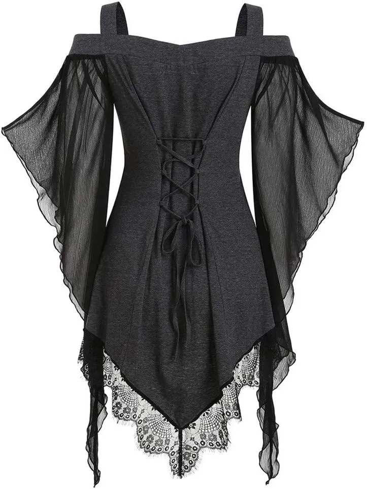 Aniywn Women Gothic Sexy Skirt Dress Lace Strappy Ruffle Club Dress Halloween Cold Shoulder T-Shirt Tops