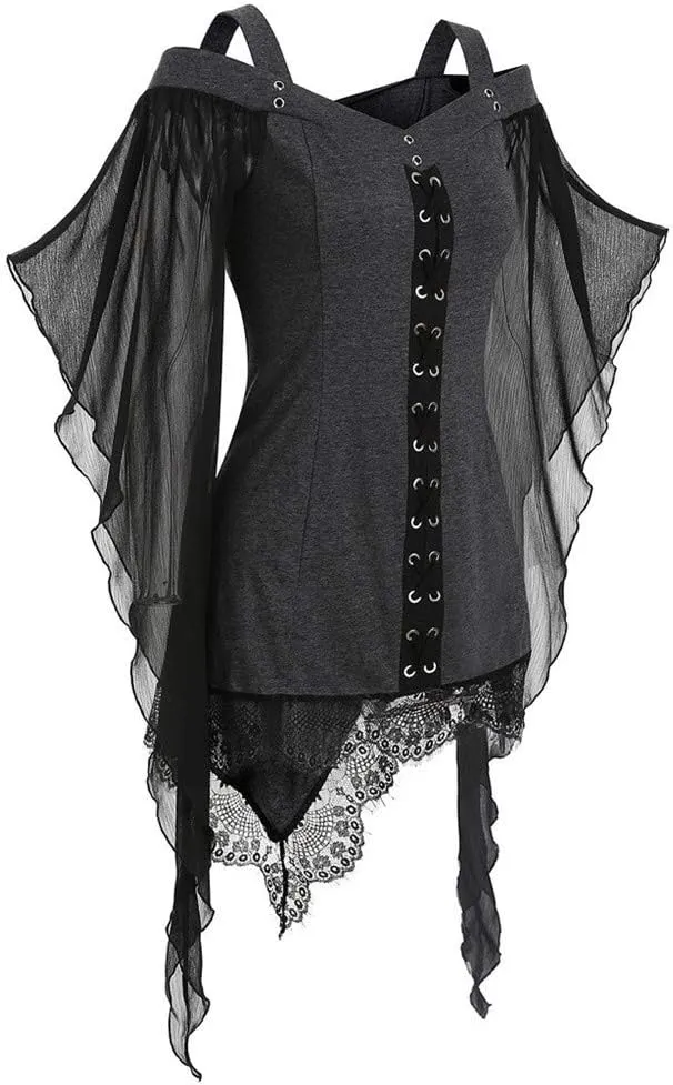 Aniywn Women Gothic Sexy Skirt Dress Lace Strappy Ruffle Club Dress Halloween Cold Shoulder T-Shirt Tops