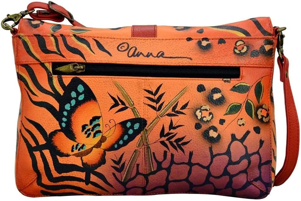 Anna by Anuschka Women's Genuine Leather Medium Flap-Over Messenger Style Shoulder Bag| Hand Painted Original Artwork