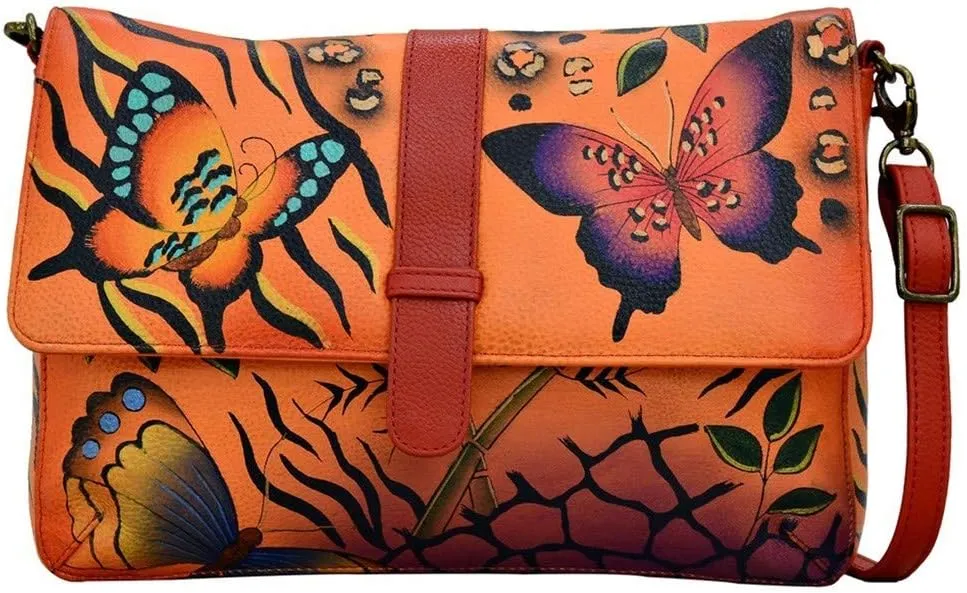 Anna by Anuschka Women's Genuine Leather Medium Flap-Over Messenger Style Shoulder Bag| Hand Painted Original Artwork