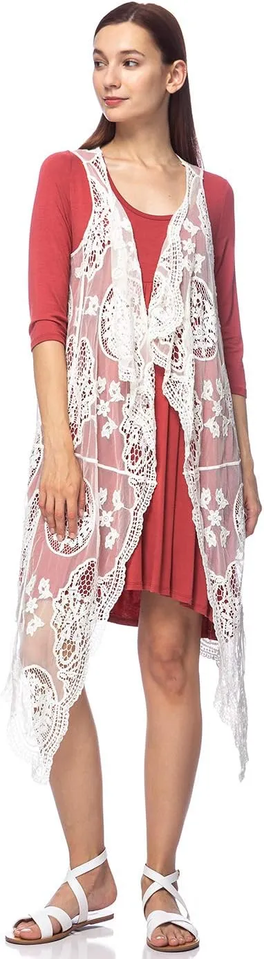 Anna-Kaci Vintage Floral Bohemian Sleeveless Mesh Lace Crochet Embroidery Beach Top Cardigan Vest,