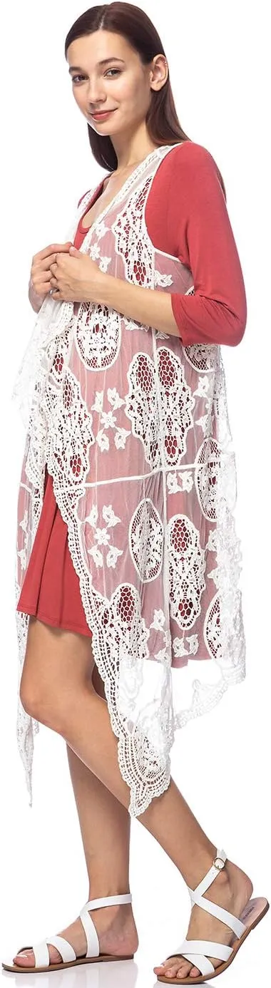 Anna-Kaci Vintage Floral Bohemian Sleeveless Mesh Lace Crochet Embroidery Beach Top Cardigan Vest,