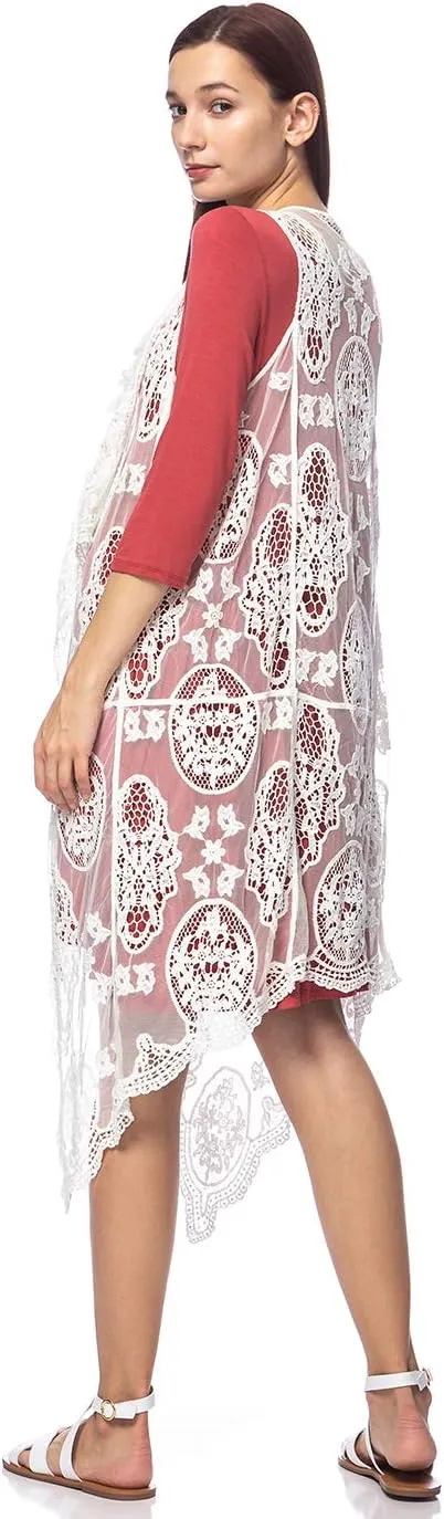 Anna-Kaci Vintage Floral Bohemian Sleeveless Mesh Lace Crochet Embroidery Beach Top Cardigan Vest,