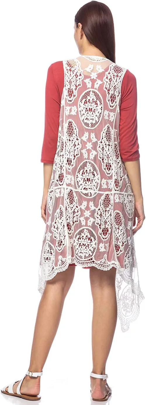 Anna-Kaci Vintage Floral Bohemian Sleeveless Mesh Lace Crochet Embroidery Beach Top Cardigan Vest,