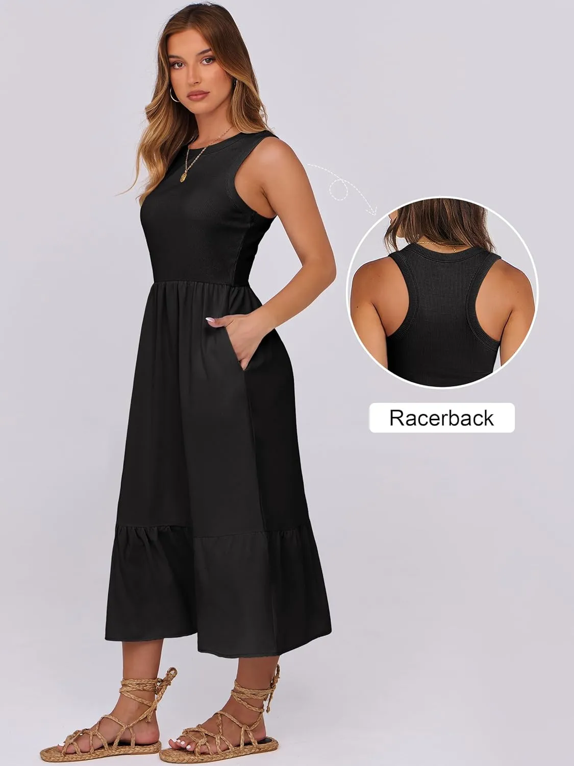 ANRABESS Women Midi Dresses 2025 Summer Casual Sleeveless Sundress High Neck Tank Top Racerback Flowy Beach Dress  Pockets
