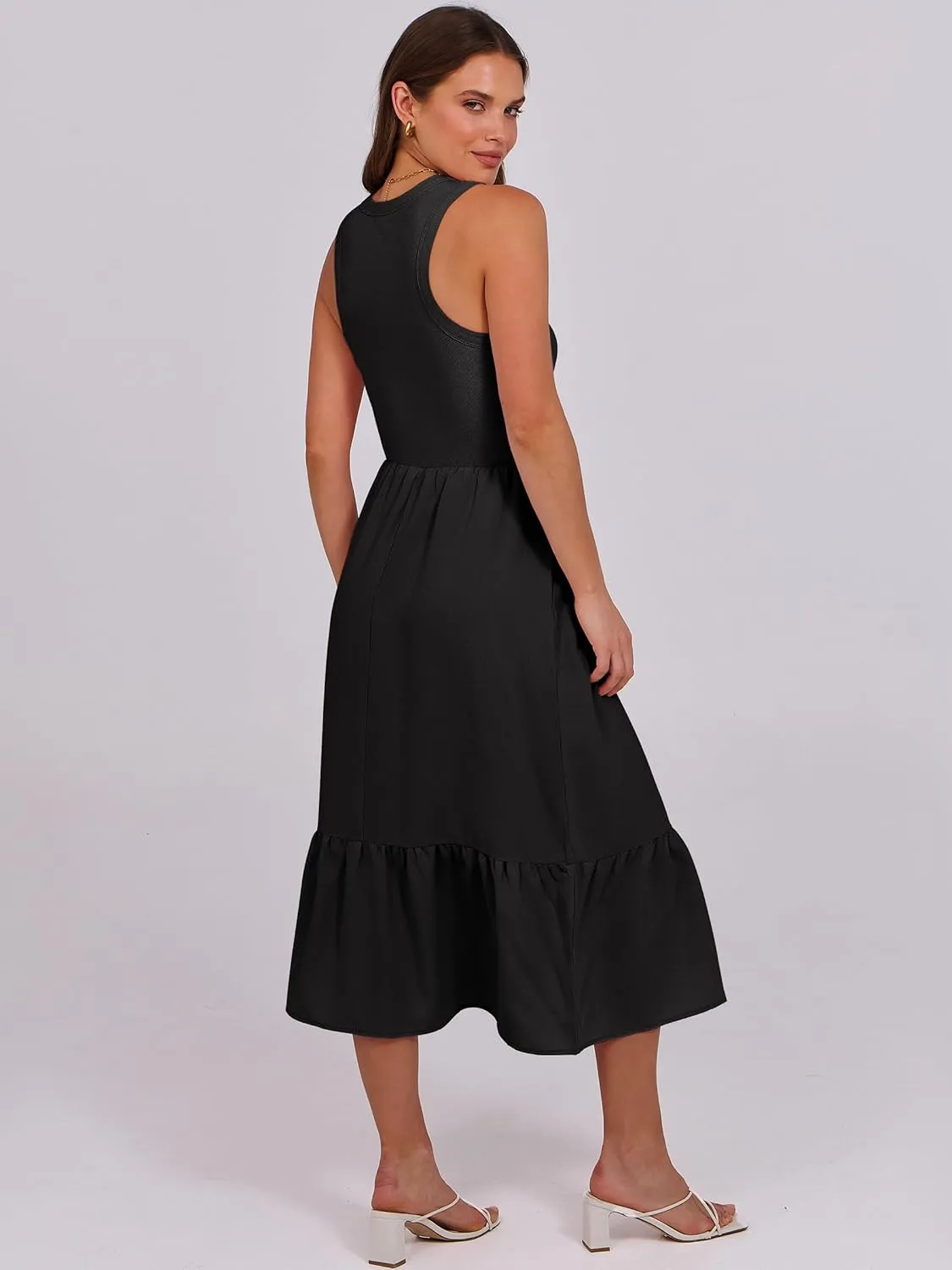 ANRABESS Women Midi Dresses 2025 Summer Casual Sleeveless Sundress High Neck Tank Top Racerback Flowy Beach Dress  Pockets