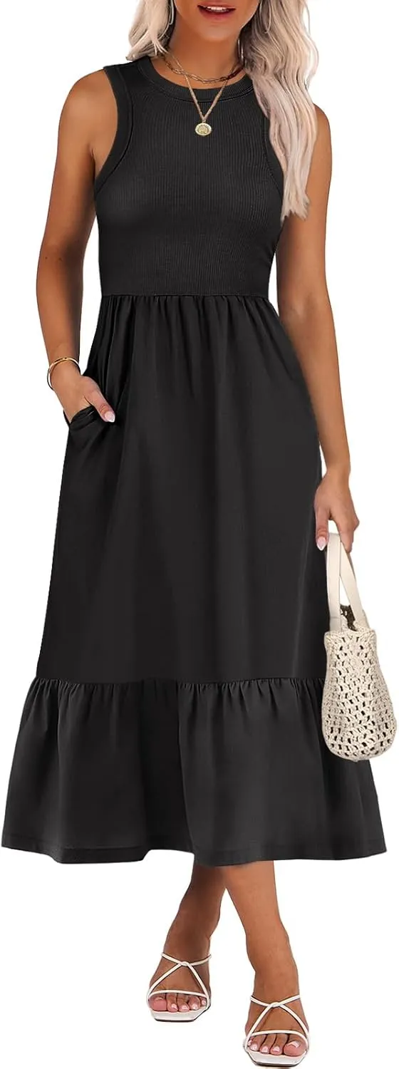 ANRABESS Women Midi Dresses 2025 Summer Casual Sleeveless Sundress High Neck Tank Top Racerback Flowy Beach Dress  Pockets