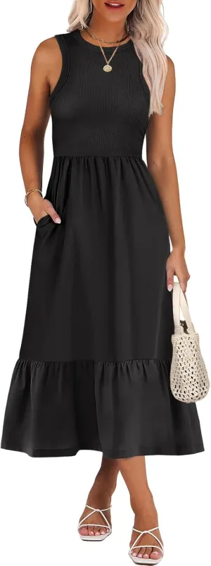 ANRABESS Women Midi Dresses 2025 Summer Casual Sleeveless Sundress High Neck Tank Top Racerback Flowy Beach Dress  Pockets